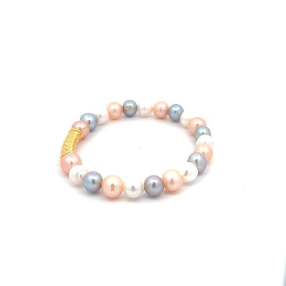 18K Gold Tube Lucky Charm Bracelet Gemstones Multicolor Pearl 6.5mm - 7.5mm - Picture 3 of 4
